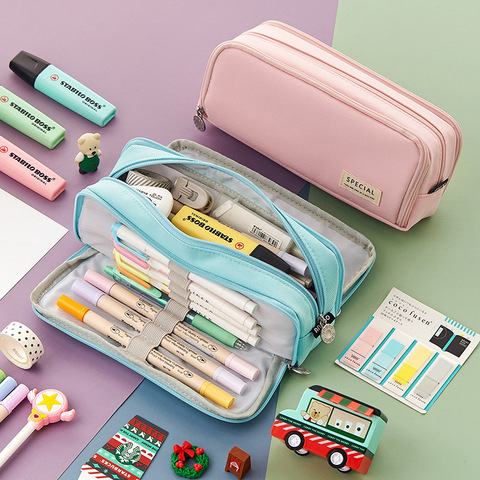 Angoo – trousse à stylos Double face, étui spécial couleur Macaron, sac de rangement à Double poche en toile, pochette de papeterie scolaire voyage A6899 ► Photo 1/6