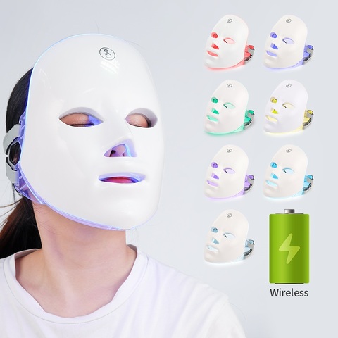 Masque Facial sans fil à LED pour rajeunissement de la peau, Photon léger, 7 couleurs, pour l'élimination des rides et de l'acné, thérapie à la lumière ► Photo 1/6