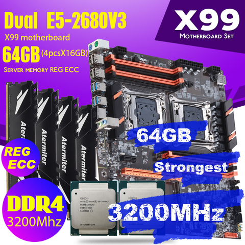 Atermiter Dual X99 carte mère avec 2011-3 XEON E5 2680 V3 * 2 avec 4 pièces X 16GB = 64GB DDR4 3200MHz Kit Combo mémoire ► Photo 1/6