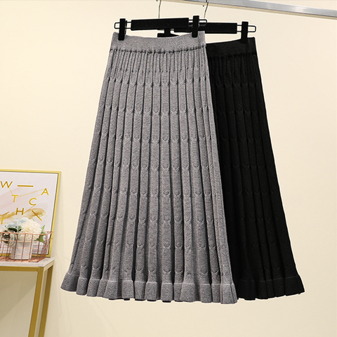 4Xl bonne qualité Plus grande taille Vintage femmes 2022 printemps automne hiver tricoté noir gris couleur Pure longues jupes femme A5439 ► Photo 1/6