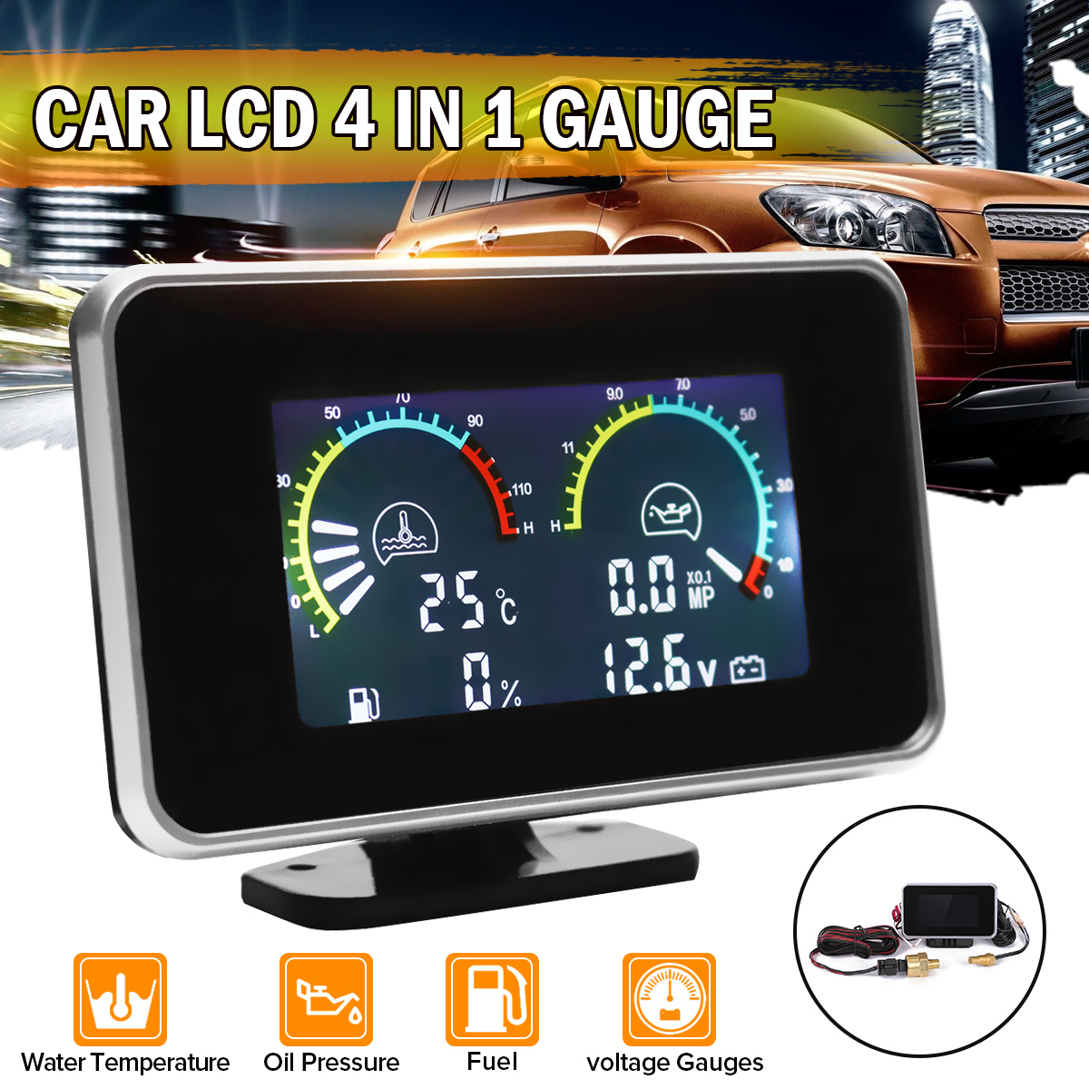 4in1 LCD voiture jauge numérique tension d'huile pression carburant eau Temp mètre M10 Auto pièces de rechange 12V 24V ► Photo 1/6