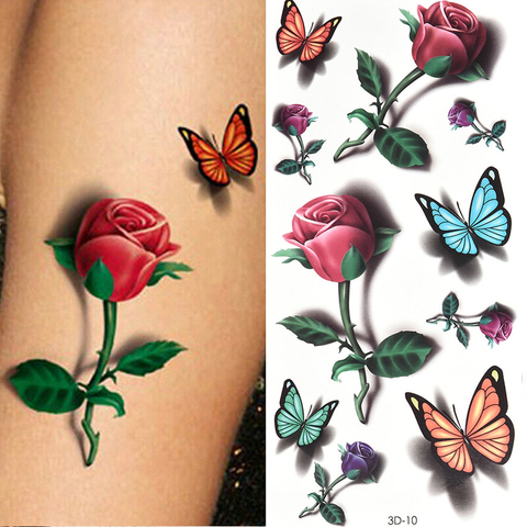 Autocollant de tatouage temporaire pour femmes, autocollant 3D, fleur de papillon, Rose, plume, imperméable, cadeau d'halloween ► Photo 1/6