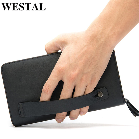 WESTAL-pochette en cuir véritable pour hommes, pochette en cuir pour hommes, portefeuille Long à Double fermeture éclair, pochette à argent pour hommes, 9069 ► Photo 1/6