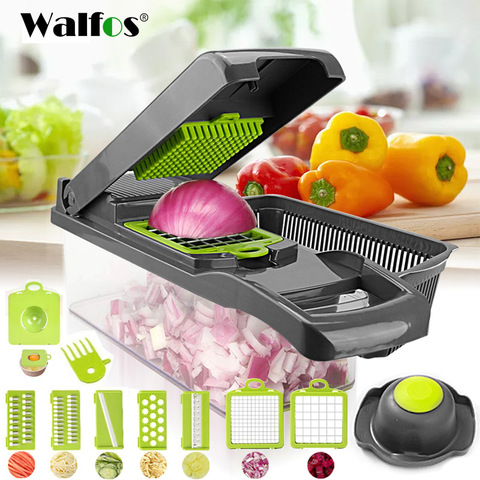 WALFOS multifonctionnel coupe-légumes trancheuse de fruits râpe déchiqueteuses Drain panier trancheuses 8 en 1 Gadgets accessoires de cuisine ► Photo 1/6