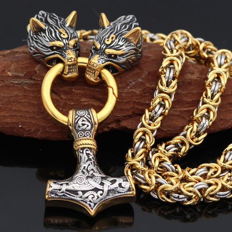 Hommes acier inoxydable tête de loup norse viking amulette thor marteau pendentif collier viking roi chaîne ► Photo 1/6