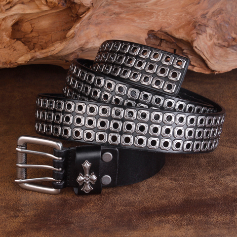 CETIRI – ceinture en métal lourd Punk pour hommes, rangée Double/simple de trous, œillet de haute qualité, cuir véritable ► Photo 1/6