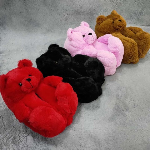 Pantoufles de maison en peluche ours en peluche pour femmes, marron, intérieur doux antidérapant, fausse fourrure, pantoufles mignonnes et moelleuses, chaussures chaudes d'hiver pour femmes ► Photo 1/6