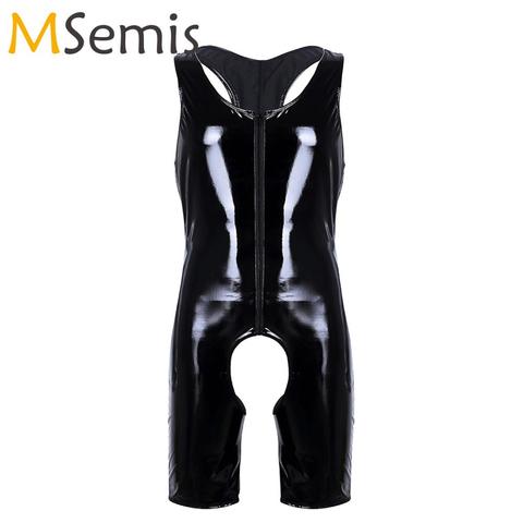 Hommes Sissy Latex entrejambe ouverte Catsuit Wetlook PVC cuir une pièce Teddy Lingerie érotique fermeture éclair sans entrejambe justaucorps Gay Clubwear ► Photo 1/6