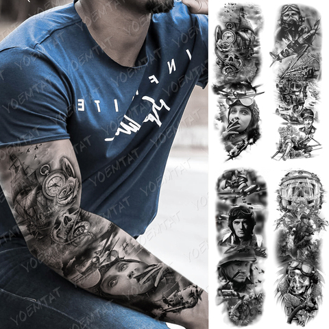 Grand bras manches tatouage avion soldat pilote imperméable temporaire Tatto autocollant voile boussole Art corporel complet faux Tatoo femmes ► Photo 1/6