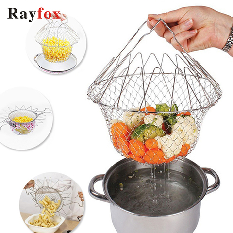 Panier de lavage des fruits et légumes pliable, accessoires de cuisine en acier inoxydable, Gadget de cuisine créatif pour les aliments frits à la vapeur ► Photo 1/6