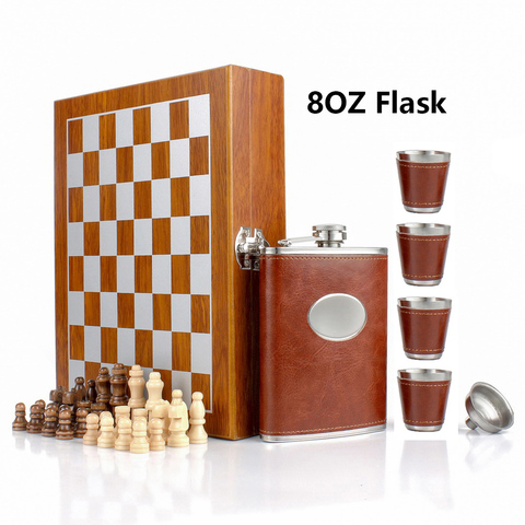 Jeu d'échecs en bois, 8OZ, flacon de hanche en cuir et acier inoxydable, avec entonnoir et 4 tasses, boîte-cadeau, cadeaux pour enfants, bouteilles d'alcool pour hommes ► Photo 1/6