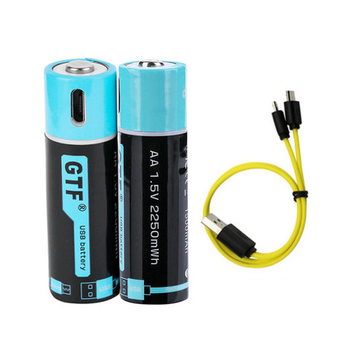 Pièces de 2 Batteries Lithium-ion AA 1.5V, 1500mah, rechargeables, 2550mw, li-polymère, avec câble de chargement ► Photo 1/1