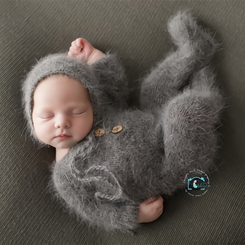 Accessoires de photographie barboteuse à pied nouveau-né, body de tenues de fil de vison à la main avec des accessoires de photographie de bébé bonnet ► Photo 1/6