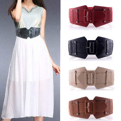 Ceinture pour femmes en cuir noir | Ceinture pour robes dames Ultra large, grand anneau circulaire en métal, ceinture élastique pour femmes ► Photo 1/6