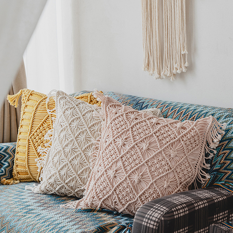 Housse de coussin de Style Boho, housses de coussin en macramé taie d'oreiller, fait à la main, jaune, rose et gris, pour canapé-lit ► Photo 1/6