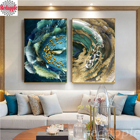 Peinture diamant 3D abstraite en or, 2 pièces, strass carrés ou ronds, à faire soi-même, broderie complète, image d'oiseaux et de poissons, décor ► Photo 1/6