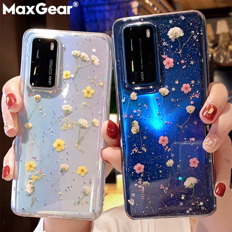 Pressé vraies fleurs sèches paillettes étui transparent pour Samsung Galaxy S20 Ultra S10 S9 S 20 Note 10 Plus A71 A51 A50 A70 S21 couverture souple ► Photo 1/6