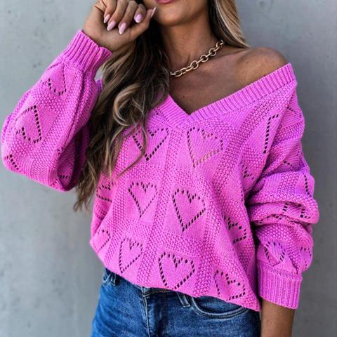Femmes Décontracté Chandails Automne Hiver Amour Coeur Creux Crochet Pull Ample Tricots Col En V Lâche Sexy Pulls Hauts 4 Couleurs ► Photo 1/6