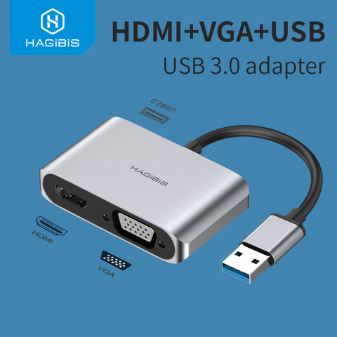 Hagibis USB 3.0 vers HDMI-adaptateur VGA compatible 4K HD multi-écran 2in1 USB vers HDMI-convertisseur compatible pour Windows 7/8/10 OS ► Photo 1/6