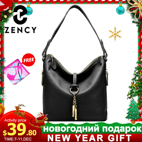 Zancy – sac à main en cuir véritable pour femmes, nouvelle mode, sacoche à bandoulière avec pompon en métal, sacoche élégante, cadeau, noir et blanc, 100% ► Photo 1/6