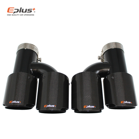 EPLUS voiture fibre de carbone brillant silencieux pointe h forme Double sortie tuyau d'échappement silencieux buse décoration universel inoxydable noir ► Photo 1/6