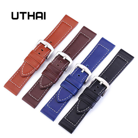 UTHAI-bracelets de montre en cuir véritable, souple, à la mode, noir/marron/bleu/brun clair, Bracelet de montre et outil P14, 18 20 22 24mm ► Photo 1/6