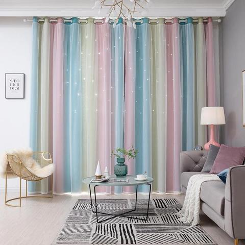 100x250CM romantique arc-en-ciel couleur pure rideau fille enfants chambre pleine occultation fenêtre rideaux creux étoile rideau décor à la maison ► Photo 1/6