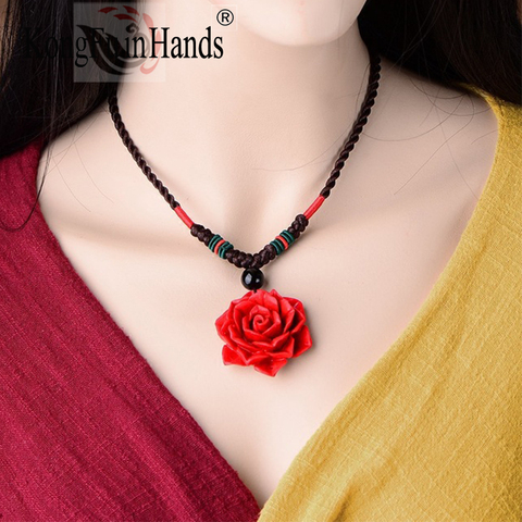 Pendentif fleur rouge pour femmes, accessoires de vêtements féminins, décoration Simple, collier de Style National, chaîne de clavicule ► Photo 1/6