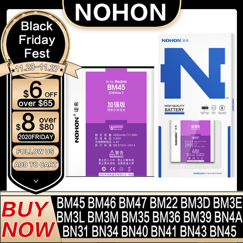 NOHON Li-ion Batterie BM45 BM46 BN41 BN43 BM42 Pour Xiaomi Redmi Note 2 3 4 4X Bateria Hongmi Note2 Note3 remplacement Batteries ► Photo 1/6