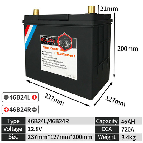 Batterie au lithium Rechargeable LiFePO4, 12V, 46ah, 46B24L/R, CCA720A, démarreur de saut, avec Protection contre la tension BMS ► Photo 1/6