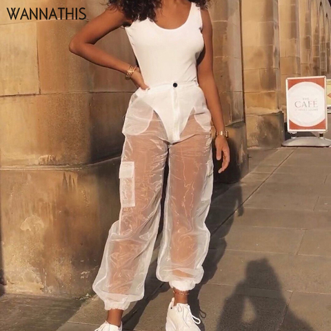 WannaThis – pantalon Cargo taille haute en maille transparente pour femmes, survêtement en Patchwork, ample, noir, à la mode, nouvelle collection ► Photo 1/6