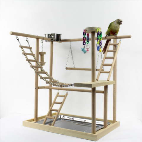 Perche à perroquet en bois avec échelles, mangeoire, jouets à morsure, cadre à oiseaux, pont à Suspension, 48x33x53cm ► Photo 1/5