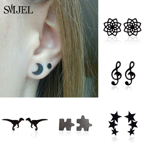 SMJEL-boucles d'oreilles noires en acier inoxydable, Puzzle de forme géométrique, trois étoiles, Dragon, clous, bijoux d'oreille pour femmes, à la mode ► Photo 1/5