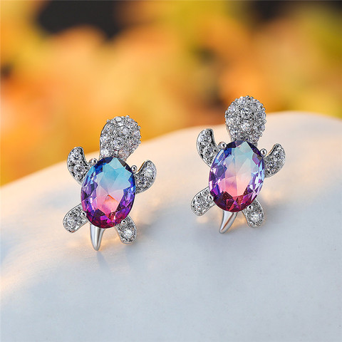 Boucles d'oreilles ovales en Zircon, bleu, violet, pierre arc-en-ciel, pierre de tortue, bijoux à la mode, cristaux, multicolores, animaux ► Photo 1/6