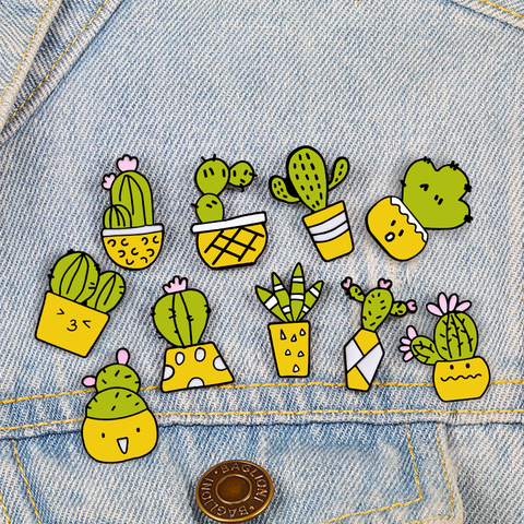 Broches Cactus en émail pour hommes et femmes, dessin animé, plante en pot verte, vestes, col à revers, broches, Badge, Collection, bijoux, cadeau ► Photo 1/6