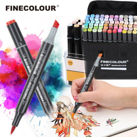 FINECOLOUR EF103 double têtes marqueurs d'art professionnel stylo marqueur alcoolique huileux 12/24/36/48/60/72/240 couleurs tige ronde à tête souple ► Photo 1/6