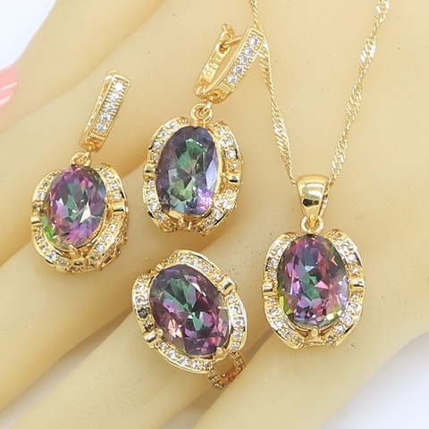 Bijoux de mariée en or, ensembles de boucles d'oreilles multicolores pour femmes, arc-en-ciel, semi-précieux, collier, pendentif, bagues, boîte cadeau ► Photo 1/6