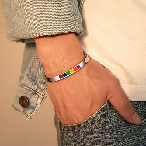 Modyle – Bracelets manchette pour hommes et femmes, couleur arc-en-ciel noir, bijoux en acier inoxydable, accessoire de cadeau de fierté ► Photo 1/6