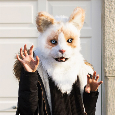 Chat masque Simulation joint en peluche plein visage capuche 2D monde démon chat bouche mobile mignon drôle Fursuit tenues carnaval Halloween annonce ► Photo 1/1