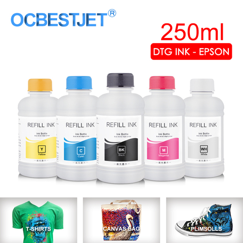 Encre Textile DTG pour Epson, 250 ml/ensemble, pour DX5 DX7 R330 1390 1400 R1900 R2000 F2000 F2100 (BK C M Y blanc prétraitement) ► Photo 1/6