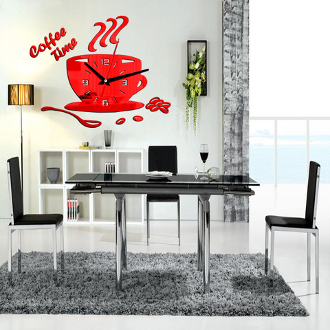 Horloge murale en acrylique 3D miroir pour café, décoration moderne pour la cuisine et la maison, autocollant mural en forme de tasse, horloge à chiffres creux ► Photo 1/6