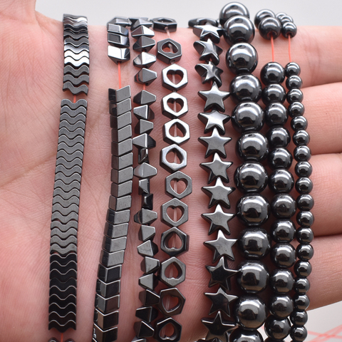 Perles en hématite noire en pierre naturelle rondes/creuses en forme de cœur d'amour/vague/étoile à cinq branches pour la fabrication de Bracelets et de bijoux ► Photo 1/6