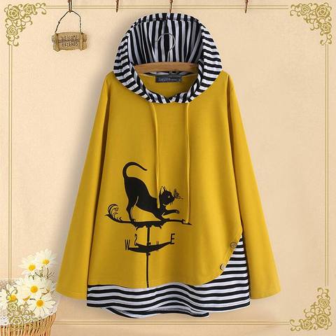 Grande taille ZANZEA Rayé Patchwork Chemises Printemps Chat Dessin Animé Impression tops tuniques Femmes À Capuche Manche Longue Fête Chemisier Femme Blusas ► Photo 1/6