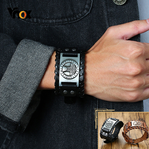 Vnox 26mm large Bracelets pour hommes Viking icône nordique Rune marteau bracelet noir marron Punk Rock Vintage bijoux ► Photo 1/6