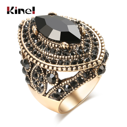 Kinel-bague Antique noire, de luxe, pour femmes, bijoux de mariage ethnique, style Vintage, cristal AAA, style Boho, couleur or ► Photo 1/6