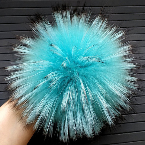 Pompons de fourrure de raton laveur de 15-16cm, énormes fourrure Turquoise, véritable fourrure de raton laveur, cadeaux de vacances pour bonnet ► Photo 1/6