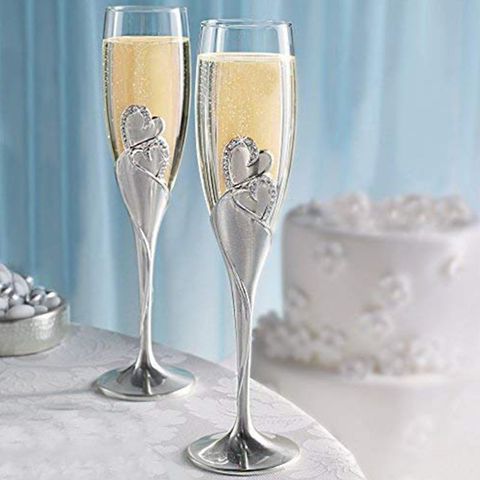 Verres à vin de mariage fait à la main | Cannelures de banquet de la mariée et du marié, accessoires de mariage, cadeau de saint-valentin, cœurs en or ► Photo 1/6