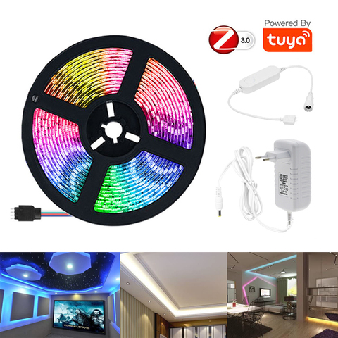 TUYA Zigbee – bande Led intelligente 5050 RGB, 1m 2m 3m 4m 5m, lumière blanche chaude à intensité variable + Mini contrôleur + alimentation 12V, Echo Plus commande vocale ► Photo 1/6