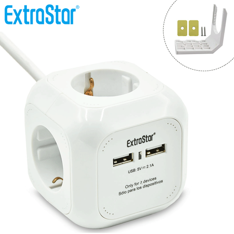 ExtraStar®Câble Power Cube 1.5 m multiprise 4 sorties, avec 2 pour chargement USB 5V/2.1A, blanc/bleu/rouge/mixte ► Photo 1/6