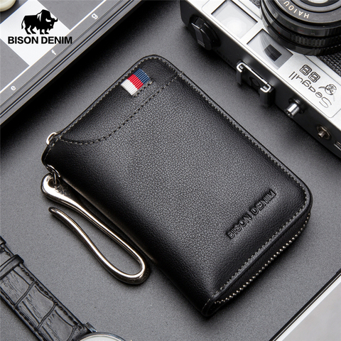 BISON-jean, cuir véritable, portefeuille, carte masculine, couverture de porte-clé à fermeture éclair portefeuille porte-cartes, organisateur de clés, grande capacité N9462 ► Photo 1/6